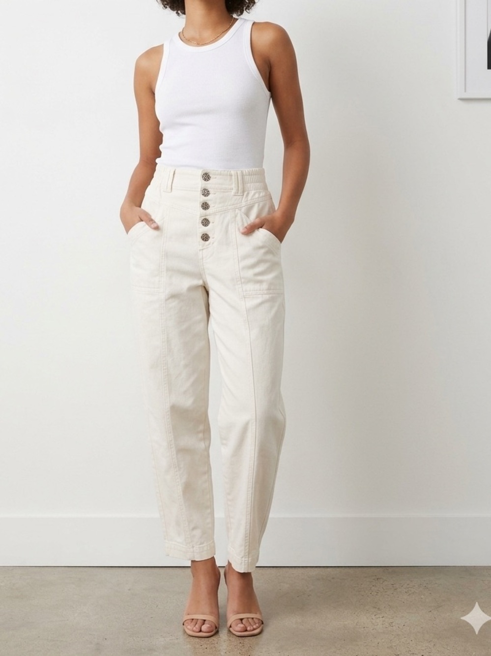 ✨ KNOX ROSE Off-White Button-Front Pants 🤍 Boho Utility Cropped Trousers 🌿❤️